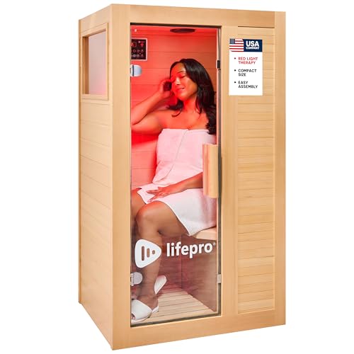 LifePro Rejuvacure Cozy Far Infrared Sauna with Red Light Therapy – 1 Person Home Sauna, 7 Carbon Fiber Heaters, Canadian Hemlock, Bluetooth & Chromotherapy – Indoor Relaxation & Wellness