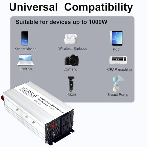 WZRELB 1000W Power Inverter 12V DC to 110V 120V AC,2000W Peak Modified Sine Wave Car Inverter with LED Display,Dual AC Outlets,Soft Starter,Off-Grid Power Converter with High Efficiency up to 90%