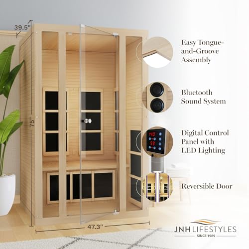 JNH Lifestyles Joyous 2-Person Low EMF FAR Infrared Sauna with Color Light Therapy for Home Indoor Spa Use - 7 Carbon Fiber Heaters, Canadian Hemlock Wood
