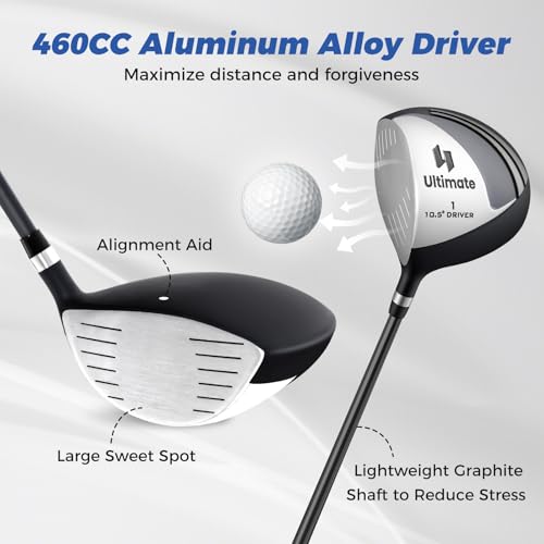 ULTIMATE Left Handed Golf Clubs for Men, 10pcs Men's Complete Golf Club Set Includes 460cc #1 Driver, #3 Fairway Wood, #4 Hybrid, #6/#7/#8/#9/#P Irons, Putter (Grey)