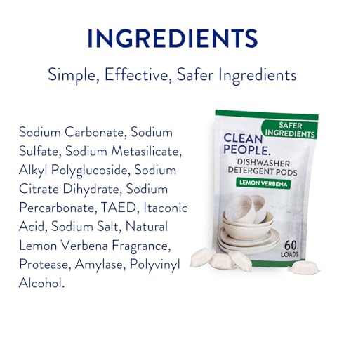 The Clean People Dishwasher Pods - Cuts Grease & Rinses Sparkling Clean - Residue-Free - Phosphate Free Dishwashing Pods (60 Count, Lemon Verbena)