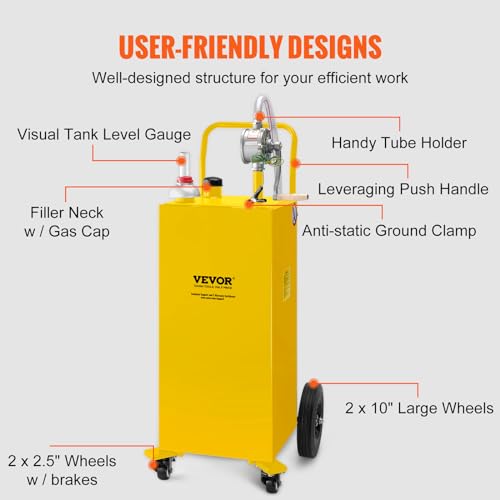 VEVOR 30 Gallon Fuel Caddy, Gas Storage Tank & 4 Wheels, with Manual Transfer Pump, Gasoline Diesel Fuel Container for Cars, Lawn Mowers, ATVs, Boats, More, Yellow