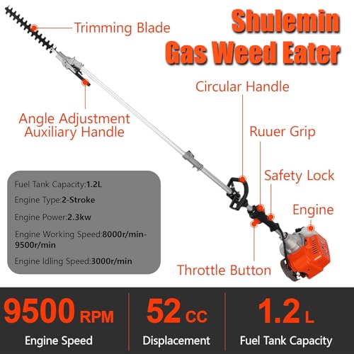 Gas Weed Eater, 52cc 2 Stroke Weed Wacker 6 in 1 Lawn Mover Include String Trimmer Brush Cutter Pole Saw Hedge Trimmer for Yard Garden Care 9500rpm 3000r/min Engine Speed 120cc Oil Tank Orange