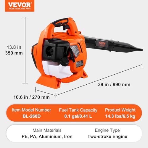 VEVOR Gas Leaf Blower, 26CC 2-Cycle Handheld Leaf Blower Gas Powered with 425-CFM and 156-MPH Powerful Performance, Ideal for Lawn Care, Leaf Cleaning, and Snow Removal