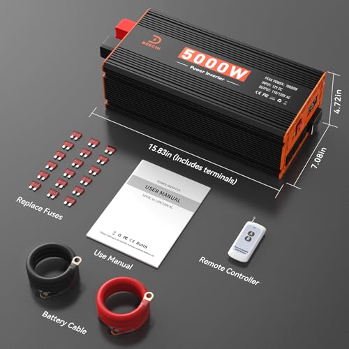 5000W Power Inverter 12V DC to 110V/120V AC Converter for RV/Truck/Boat/Camping/Off-Grid Solar Car Power Inverter Peak Power 10000W with 3 AC Outlets,USB & Type-C Port, Remote Controller & LCD Screen