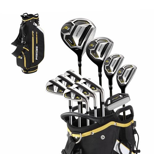 Precise M8 Men’s 17-Piece Golf Set – Driver, Woods, Hybrids, Irons (6-SW), Putter, Stand Bag, 4 Headcovers and Rainhood – K-G Lite Kevlar Shafts - Right Hand, Regular Size