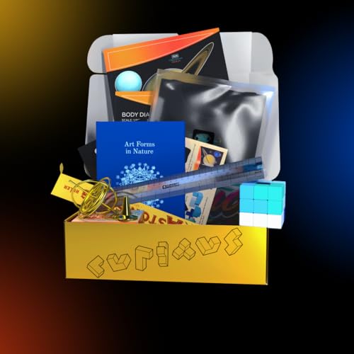 The Curiosity Box Science Gadgets for Teenagers and Adults, STEM Collection with Gyroscope, Astonishing Ruler, Soma Cube, Solar System Decals, Art Forms in Nature Book + Vsauce Vice T-Shirt (3XL)