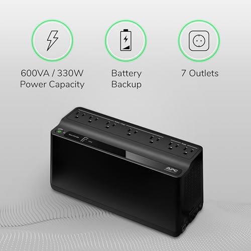 APC UPS Battery Backup & Surge Protector, 600VA Backup Battery Power Supply, BE600M1 Back-UPS with USB Charger Port