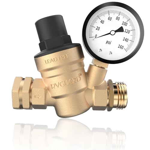 RVGUARD RV Water Pressure Regulator Valve, Brass Lead-Free Adjustable Water Pressure Reducer with Gauge and Inlet Screen Filter for RV Camper Travel Trailer