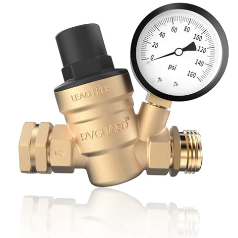 RVGUARD RV Water Pressure Regulator Valve, Brass Lead-Free Adjustable Water Pressure Reducer with Gauge and Inlet Screen Filter for RV Camper Travel Trailer