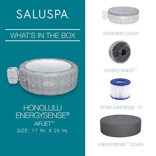 Bestway SaluSpa Honolulu AirJet Large Round 4 to 6 Person Inflatable Hot Tub Portable Outdoor Spa with 140 AirJets and EnergySense Cover, Grey