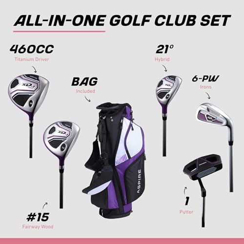 Aspire XD1 Women's Golf Club Set – Ultra-Light Graphite Shafts, Driver, Fairway, Hybrid, 6-PW Irons, Putter, Stand Bag & Headcovers – Right-Handed, Available in Regular, Petite & Tall Sizes – Purple