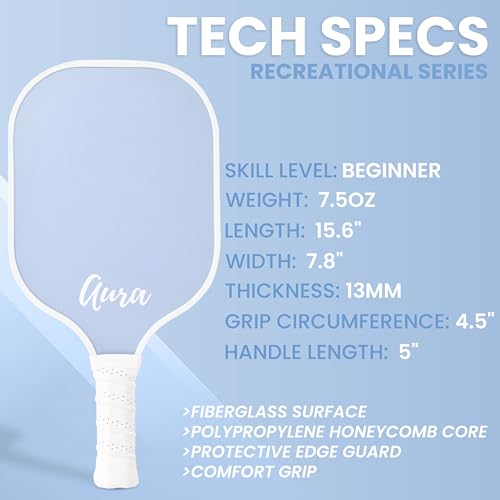 Cute Blue Pickleball Paddle | Fiberglass Surface Pickleball Racket with Comfort Cushion Grip | Lightweight Ideal for Beginners | Pickleball Gifts for Women