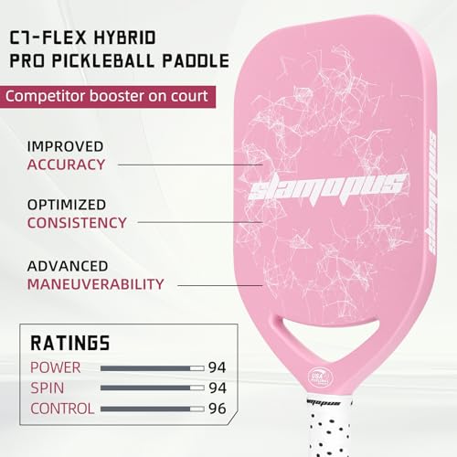 Slamopus Pro Pickleball Paddle| T700 Carbon Fiber Pickleball Paddles with 16mm Polymer Honeycomb Core & Overgrips| Premium Pickle Ball Racket Enhanced Control & Spin & Power| USAPA Approved（Pink）