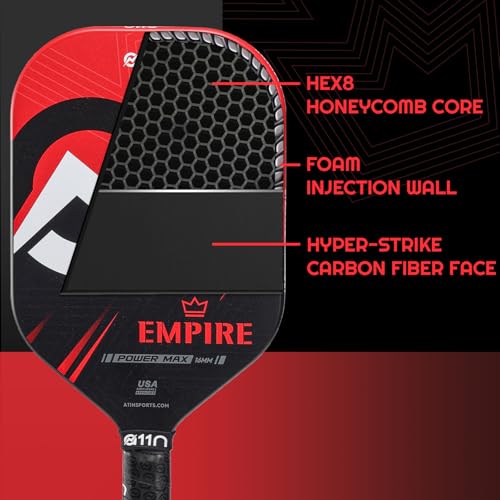 A11N Empire Edgeless Pickleball Paddle – Carbon Fiber Paddle with Longer Handle Design for Double-Handed Backhand & SuperGrit Surface Texture Technology, PowerMax – Elongated Shape, Red