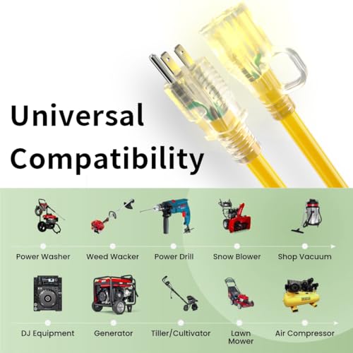 HUANCHAIN 50 FT 12/3 Gauge Heavy Duty Outdoor Extension Cord Waterproof with Lighted end, Flexible Cold-Resistant 3 Prong Electric Cord Outside, 15Amp 1875W 12AWG SJTW, Yellow, ETL