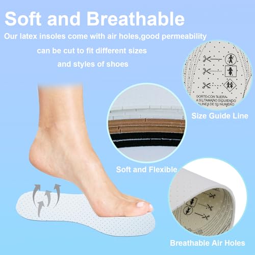 6 Pairs Unisex Breathable Shoe Insoles Inserts Double Layer Latex Foam Perforated Insole Cushioning Walking Comfort Replaceable Insoles for Men 5-11 Woman 2-8(Black, White, Brown)