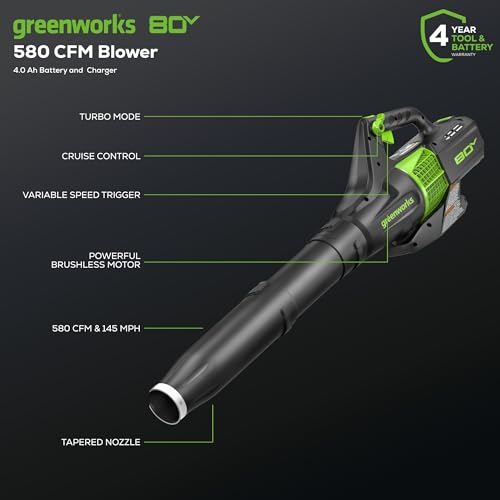 Greenworks 80V 21” Brushless (Self-Propelled) Cordless Electric Lawn Mower + (580 CFM) Axial Leaf Blower (75+ Compatible Tools), 4.0Ah Battery and 60 Minute Rapid Charger, Green and Black