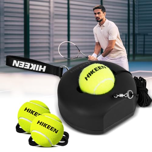 Hikeen Premium Tennis Trainer Rebound with Metal Base,Portable Solo Tennis Trainer Set with 3 Highly Elastic String Balls,Tennis Practice Equipment for Adult Kids an Beginners - Black