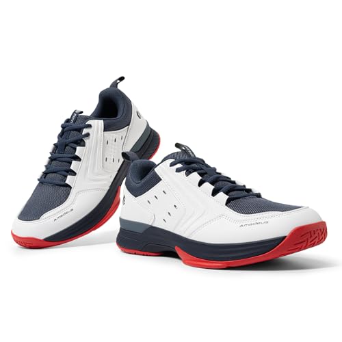 FitVille Tennis Shoes for Men Wide Mens Pickleball Shoes Breathable Court Shoes Racquetball Badminton Athletic Sneakers for All Courts | Arch Support | Energy Return (10.5 Wide, White & Navy Blue)