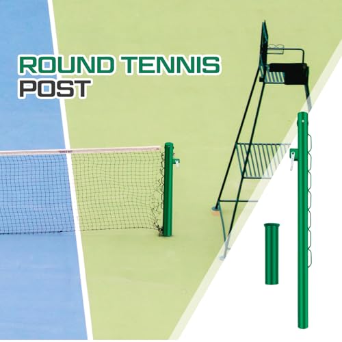 Otoolling Tennis Posts with Net Crank Outdoor Heavy Duty Professional Green Tennis Permanent Court Kit for Net Quick Fixation System Equipped with a Cable Reel(Round,42 inches)