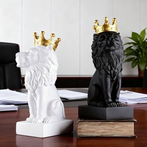 Lion Statue Indoor Tilted-Head Lion Figurine Collectible-13 Inch Black Lion Sculpture with Gold Crown Home Decor for Desk Decorations,Black and Gold Living Room Bedroom Decor Best Gift for The Man