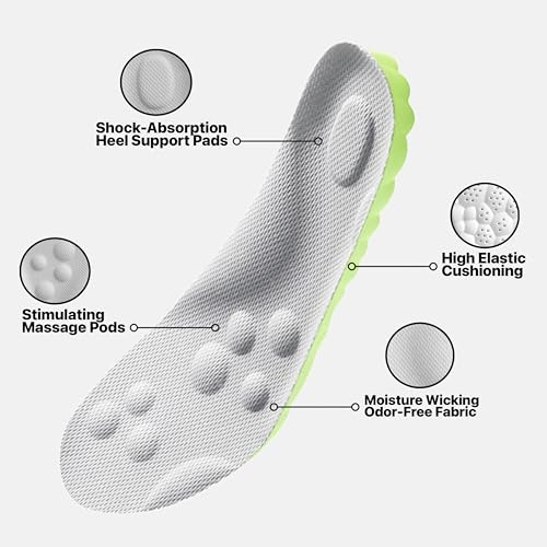 4D Pickleball Insoles for Men & Women - Memory Foam Soles Cloud Shoe Inserts - Trim to Fit Steppers Insoles for Foot Pain Fatigue Relief (Green, L)