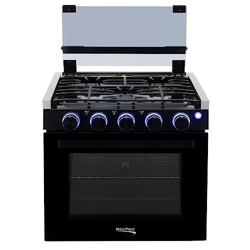 RecPro RV Stove Black Finish | Gas Range 21" Tall | 6500 and 8000 BTU Three Burner | 7100 BTU Oven with 1.8 Cu. Ft Capacity | Optional Vented Range Hood