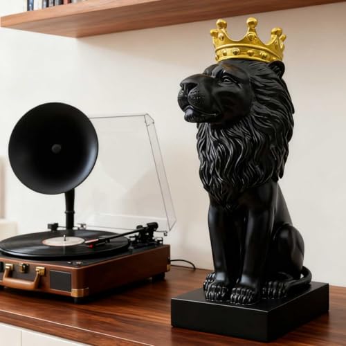 Lion Statue Indoor Tilted-Head Lion Figurine Collectible-13 Inch Black Lion Sculpture with Gold Crown Home Decor for Desk Decorations,Black and Gold Living Room Bedroom Decor Best Gift for The Man