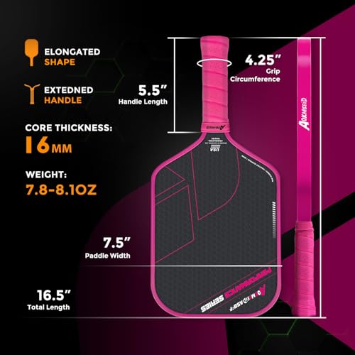 AKS Performance Series Pickleball Paddles - Toray T700 Raw Carbon Fiber Pickleball Paddle with Physical Friction Surface, 16mm Powerful Polymer Core, Good Control & Spin Shots, USAPA Approved - Pink