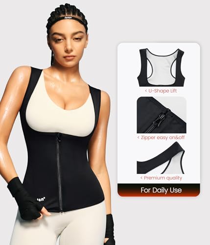 Junlan Sauna Suit for Women Waist Trainer Vest for Women Sweat Tank Top Shaper for Women with Zipper (Black, Large)