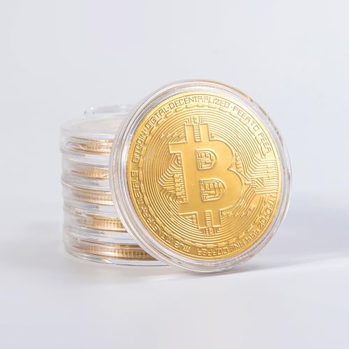 6PCS Gold Plated Bitcoin Coins – Physical BTC Cryptocurrency Collectible, 40mm Commemorative Souvenir Coins with Clear Protective Case, Gifts for Crypto Enthusiasts & Coin Collectors