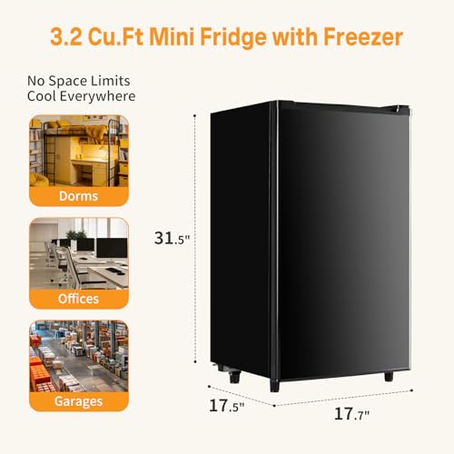 NEWBULIG Mini Fridge with Freezer 3.2 Cu.Ft Small Refrigerator for Office, Dorm, Small Fridge with Adjustable Thermostat, Energy Saving, Singel Door, Black