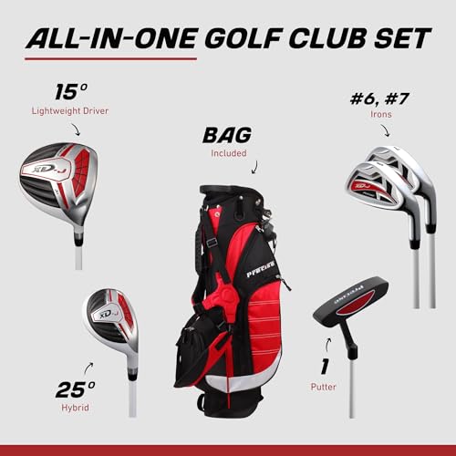 Precise XD-J Kids Golf Clubs Set – Boys’ & Girls’ Junior Golf Set with Lightweight Graphite Shafts, Hybrid, Putter & Stand Bag - Red Ages 6-8 – Right-Handed