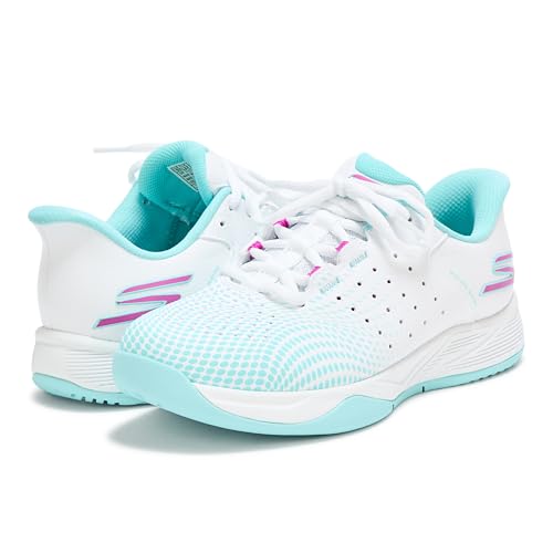 Skechers Women's Viper Court Reload Hands Free Slip-Ins Pickleball Sneaker, White/Turquoise/Pink, 8