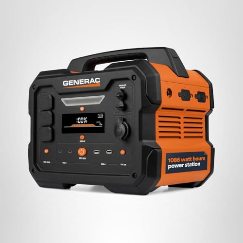 Generac 1086Wh Portable Power Station with Lithium-Ion Battery - Clean, Emission-Free Power - Wirless Charging Pad and Compact Design - Camping, RV, Indoor/Outdoor Use - Orange/Black