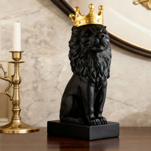 Lion Statue Indoor Tilted-Head Lion Figurine Collectible-13 Inch Black Lion Sculpture with Gold Crown Home Decor for Desk Decorations,Black and Gold Living Room Bedroom Decor Best Gift for The Man