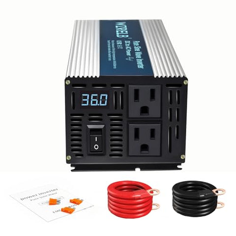 WZRELB 600W Pure Sine Wave Inverter 36V DC to 110V 120V AC Power Converter with LED Display, Off-Grid Portable Power Inverter with 2 AC Outlets for Home, RV, Truck, Camping
