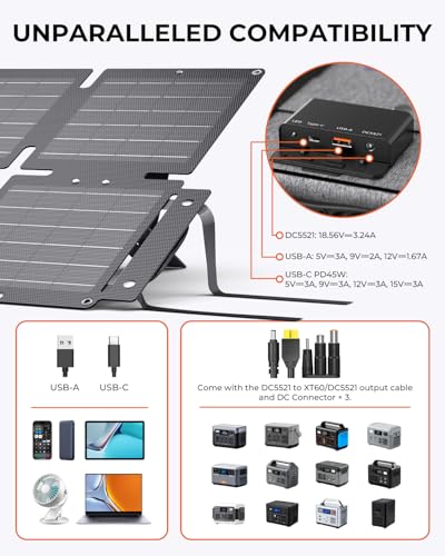 BigBlue 60W Portable Compact Solar Panel with PD 45W USB-C, 20W USB-A, DC Ports for Power Stations, Cellphones, Power Banks, Tablets, IP68 Waterproof, Foldable Camping Solar Charger with Kickstand