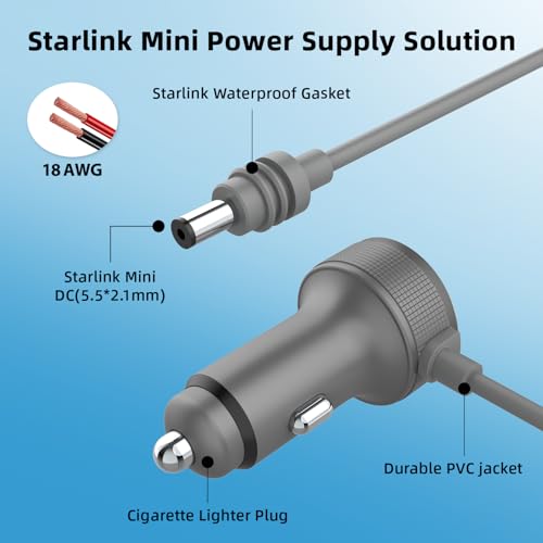 Starlink Mini Cigarette Lighter Adapter,12V-48V StarLink Mini Car Charger,Heat Dissipation Aluminum Alloy Shell,Waterproof,Built-in Protections (3M/10FT)