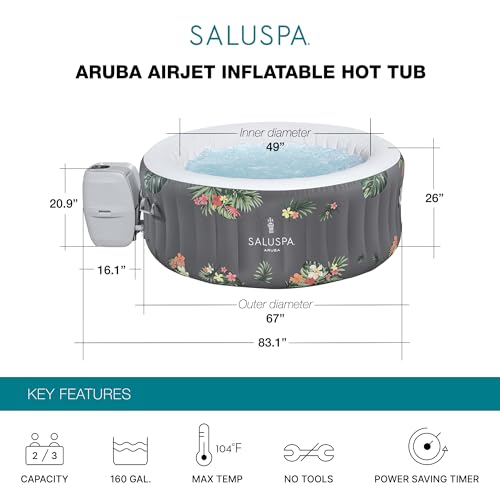 Bestway SaluSpa Aruba AirJet Large Round 2 to 3 Person Inflatable Hot Tub Portable Outdoor Spa with 110 AirJets and EnergySense Cover, Grey