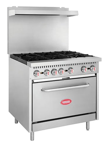 Kratos 36" Commercial Gas Range & Oven, 6 Burners and Full Size Oven, Natural Gas, 210,000 BTU Output, Freestanding Range for Restaurants (29Y-044-NAT)