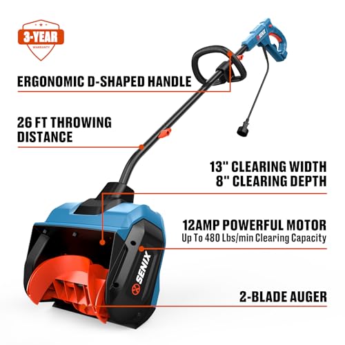 SENIX 12 Amp Electric Snow Shovel | 13-Inch Corded Snow Thrower with 8-Inch Clearing Depth | 480 lbs/Min Removal, 26ft Max Throw Distance for Driveway, Sidewalk, Steps & Patio (STE12-L)