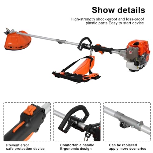 Gas Weed Eater, 52cc 2 Stroke Weed Wacker 6 in 1 Lawn Mover Include String Trimmer Brush Cutter Pole Saw Hedge Trimmer for Yard Garden Care 9500rpm 3000r/min Engine Speed 120cc Oil Tank Orange