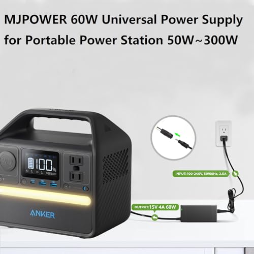 MJPOWER 15V 60W AC Adapter Charger for Portable Power Station 50W to 300W Fit Anker/GRECELL/EBL/HOWEASY/FlashFish/SinKeu/ZeroKor/ENOFLO/AIMTOM/CTECHi/AIPER/MARBERO Solar Generator Power Supply Cord