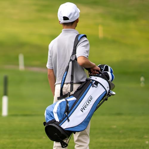 Precise X7 Junior Complete Kids Golf Clubs Set - Boys & Girls Right Handed Kids Golf Set w/ Driver, Hybrid, Irons, Putter, Stand Bag & Headcovers - Youth Golfing Clubs Sets for Ages 9-12 - Blue