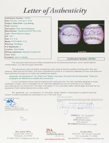 Magnificent Babe Ruth & Lou Gehrig Dual Signed 1927 National League Baseball JSA - Autographed Baseballs