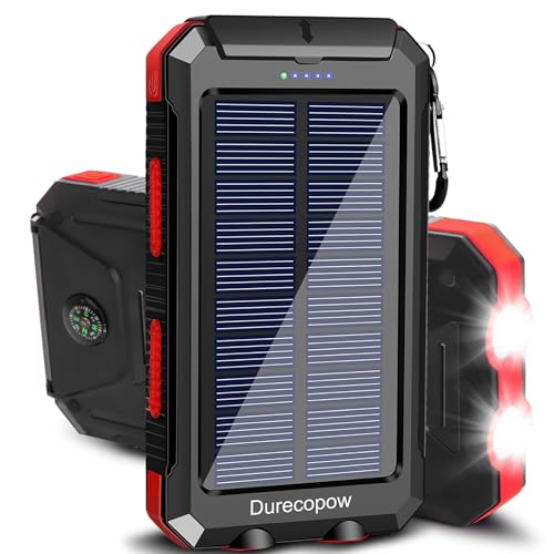Solar Charger Power Bank, 20000mAh Portable Outdoor Waterproof Solar Battery Charger, Camping External Backup Battery Pack USB C Ports Input/Output, 2 Led Light Flashlight with Compass (Red)