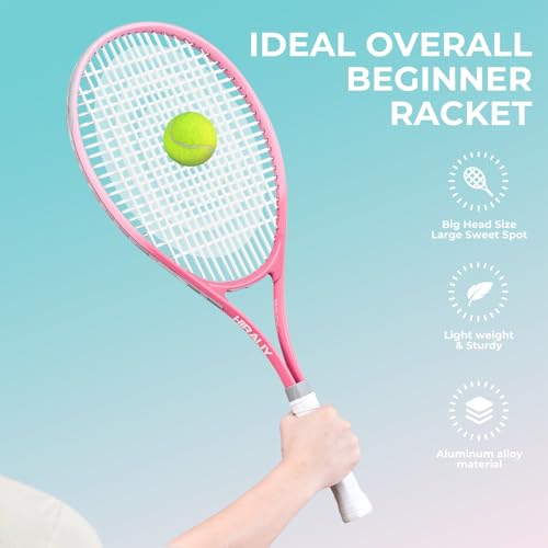 HIRALIY 27" Tennis Rackets Set for Adults, 2 Player Pre-Strung Tennis Racquets, 2 Overgrip Tapes,3 Balls, and 1 Carrying Bag, Outdoor Recreational Sport for Beginner (Pink/Green)