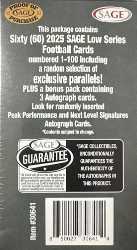 2025 Sage Football Draft Picks Series Blaster Box of Packs with 3 GUARANTEED AUTOGRAPHS and Rookie Cards Possibly Carson Beck, Drew Allar, Cam Ward and Many Others